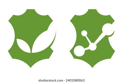 Eco Vegan leather icon - flat emblem with animal skin and leaves. Vector badge in thin line