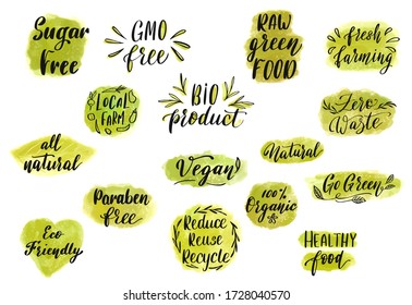 Eco Vegan Local Growing Think Green Ecology Food and Product Labels Set. Watercolor Green Background and Hand Drawn Lettering. Organic Healthy Food Design Templates Pack.
