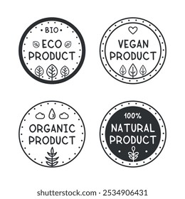 Eco, vegan, organic and 100% natural products sticker, label, badge and logo. Black and white ecology icon