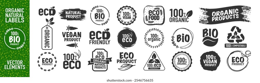 Eco, vegan, organic food and natural product icons and elements for food market, organic products packaging, ecommerce. Vegan food diet icon, bio and healthy food.