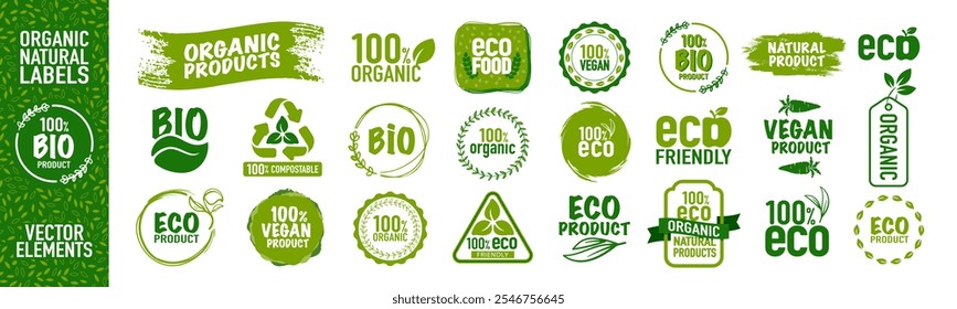 Eco, vegan, organic food and natural product icons and elements for food market, organic products packaging, ecommerce. Vegan food diet icon, bio and healthy food.