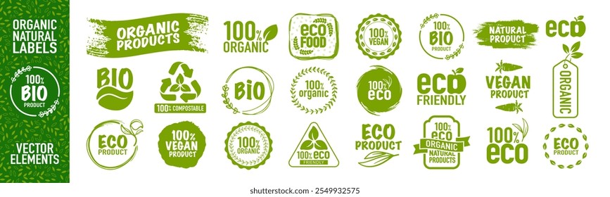 Eco, vegan, organic food and natural product icons and elements for food market, organic products packaging, ecommerce. Vegan food diet icon, bio and healthy food.