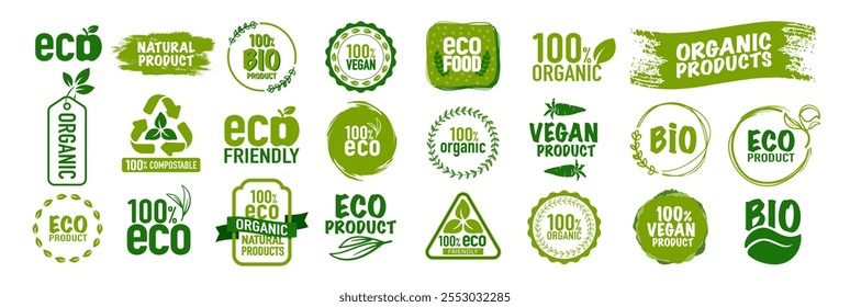 Eco, vegan, organic food and natural product icons and elements for food market, organic products packaging, ecommerce. Vegan food diet icon, bio and healthy food.