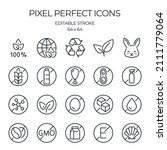 Eco, vegan, vegetarian, and allergens related editable stroke outline icons set isolated on white background flat vector illustration. Pixel perfect. 64 x 64.