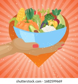 Eco vegetables in bowl, garden organic healthy veggies food cartoon vector illustration. Carrot, zucchini, eggplant and asparagus. Corn, celery, pumpkin or avocado for vegans on retro background.