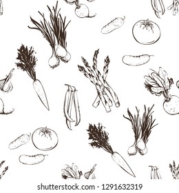 Eco vegetables seamless pattern. Green farm market products: cucumber, tomato, onion, carrot, bean string, asparagus, beetroot and garlic. Hand drawn illustration. Black line on white background