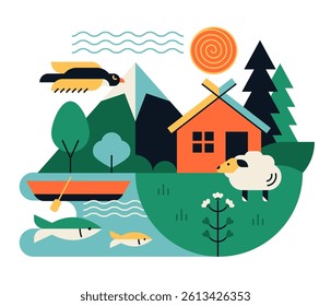 Eco village - colorful flat design style illustration
