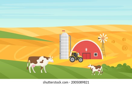 Ilustración vectorial del paisaje rural del pueblo ecológico. Animales de vaca caricaturizados pastoreando en praderas verdes, granero, tractor de granja y torre de almacenamiento de tanques de silo de grano en campos de cultivo fondo