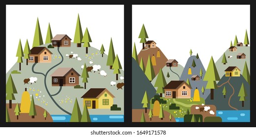 Eco village, farm in mountains. Set of flat vector illustrarions. Rural landscape. Travel, eco tourism. Banner, post card, print design