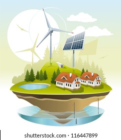 Eco village. Illustration of green energy for the house on a small plot of land.