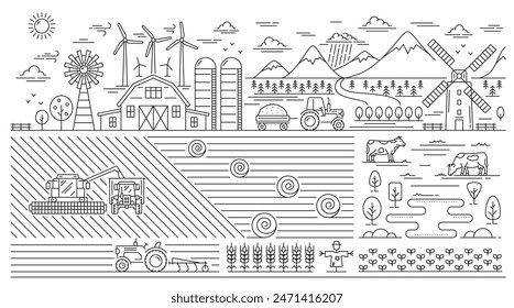 Eco Dorf, Linie Landwirtschaft Landschaft. Vektorgrafik Lineare monochrome Felder, Windmühlen, Tiere, Gärten, Hangars, Gebäude, Scheunen, Landmaschinen. Landwirtschaftsszene mit Wiesen und Weiden