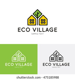 Eco Village logo design template. Vector real estate bio house sign logotype icon. Bright flat ecologic home symbol with green tree. Organic housing label for health life