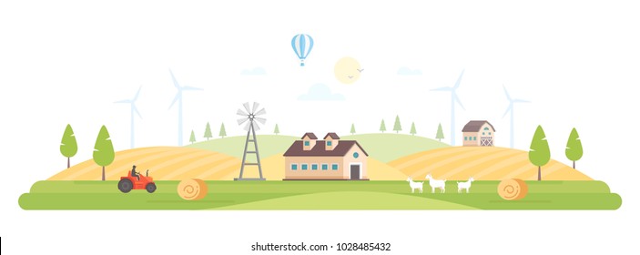 Eco village - modern flat design style vector illustration on white background. A high quality composition with a barn, house, field, windmills, tractor, haystacks, goats. Organic farming concept