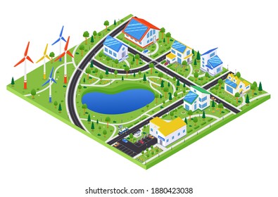 Eco Village - Modern Vector Colorful Isometric Illustration. Landscape With Apartment Houses With Solar Panel, Wind Turbines, Road, Pond And Trees. Environmental Conservation, Ecology Concept