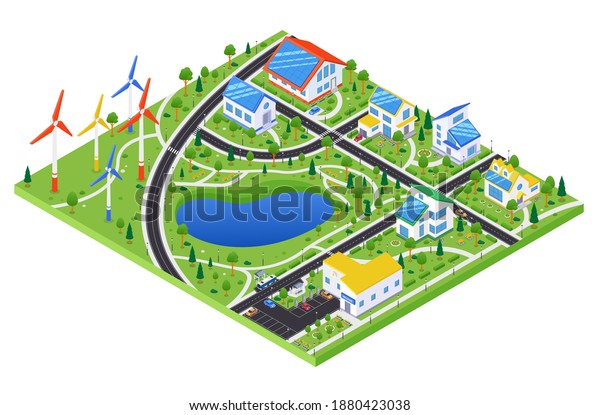 Eco village - modern vector colorful isometric\
illustration. Landscape with apartment houses with solar panel,\
wind turbines, road, pond and trees. Environmental conservation,\
ecology concept