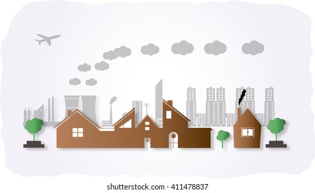 Eco village on the urban background. Illustration