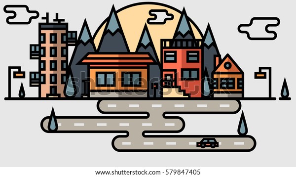 Eco village with plants mountains building in flat\
style. City in flat style. Car and road. Vector illustration.\
Houses and skyscraper\
image.