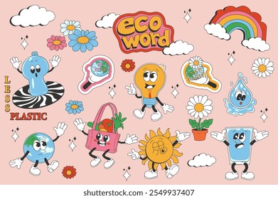 Eco vintage groovy conjunto de Elementos en Diseño gráfico plano. Colección Guardar de arco iris, margarita, bombilla, tierra, gota de agua, menos plástico, globo, verduras en bolsa de compras, otros. Ilustración vectorial.