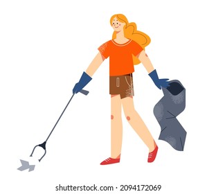 Eco Volunteer Girl Picking Up Paper Waste Trash With Litter Stick, Environmental Cleanup Vector Illustration. Cartoon Woman Activist Volunteering, Holding Rake, Cleaning Environment Isolated On White