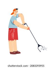 Eco Volunteer Kid Picking Up Paper Waste Trash With Litter Stick, Environmental Cleanup Vector Illustration. Cartoon Boy Activist Volunteering, Holding Rake, Cleaning Environment Isolated On White