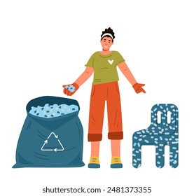 Eco volunteer making furniture from recycled plastic flat vector illustration isolated on white. 