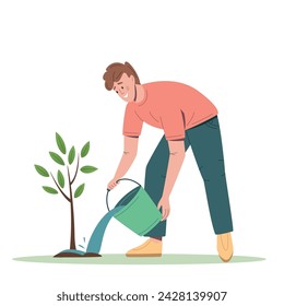 Eco volunteer man watering a freshly planted tree. Environmental care, volunteerism, reforestation concept, spring gardening. Flat cartoon vector illustration isolated on white background