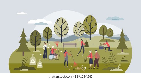 Eco volunteer movement and garbage picking to save nature tiny person concept. Environmental trend to clean forests from litter, trash and rubbish vector illustration. Ecological pollution awareness.