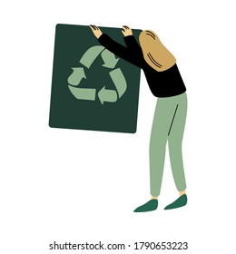 Eco volunteer woman in green pants stands with recycling poster. Vector illustration in cartoon style.