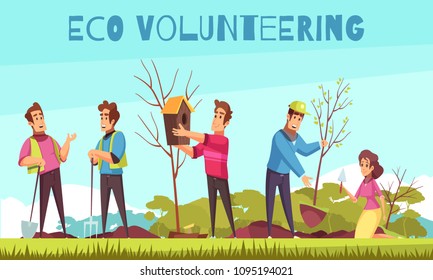 Eco volunteering cartoon composition with persons during hanging bird house, planting of saplings vector illustration