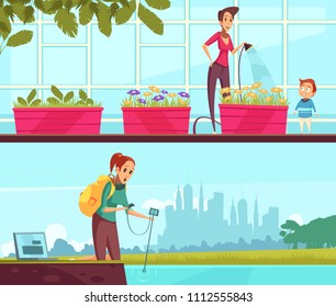 Eco volunteering cartoon horizontal banners, growing of flowers, water testing in pond or river isolated vector illustration 