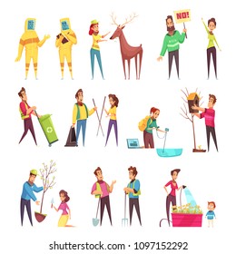 Eco volunteering cartoon set, waste collection, planting of trees, water testing, hanging bird houses isolated vector illustration 