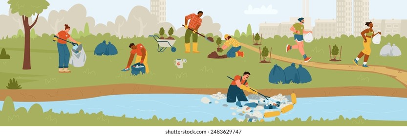 Eco volunteers cleaning river, collecting trash, planting trees, plogging outdoors flat vector banner. Community of eco concerned people.