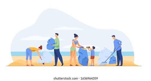 Eco volunteers cleaning sea or ocean beach from garbage. People, family with child collecting trash and sorting waste outdoors. Vector illustration for ecology, planet, nature