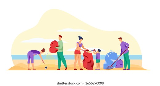 Eco volunteers cleaning sea or ocean beach from garbage. People, family with child collecting trash and sorting waste outdoors. Vector illustration for ecology, planet, nature