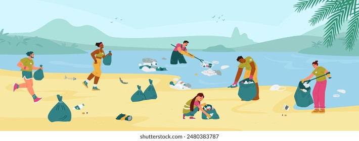 Eco volunteers cleaning up water and ocean beach from garbage vector horizontal banner. Different people collecting trash on the coast.