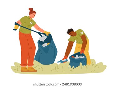 Eco volunteers collecting trash flat vector illustration isolated on white. A man and a woman picking up litter into trash bags.