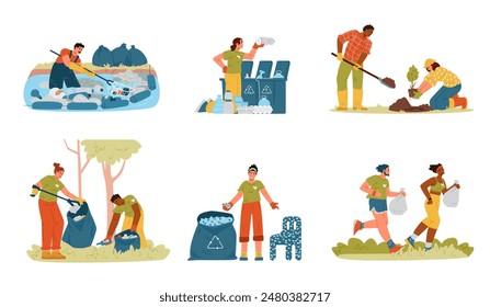 Eco volunteers flat vector illustrations set isolated on white. People cleaning rivers and forests, planting trees, sorting garbage, making furniture from recycled plastic, plogging.