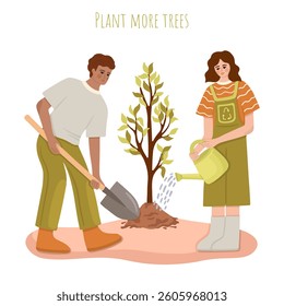 Eco Volunteers Planting a Tree. Eco-Friendly Concept. Environmental Protection and Sustainability. Vector.