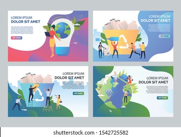 Eco volunteers sorting waste set. People carrying trash to recycling bin, planting trees, presenting idea. Flat vector illustrations. Environment concept for banner, website design or landing web page