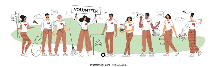 Eco volunteers and volunteering concept. Set of diverse characters save ecology environment. Group zero waste activists, think green, save the planet. Modern flat outline cartoon vector illustration