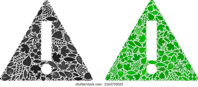 Eco warning icon composition of herbal leaves in green and natural color variations. Ecological environment vector template for warning icon. Warning vector image is shaped with green herbal icons.