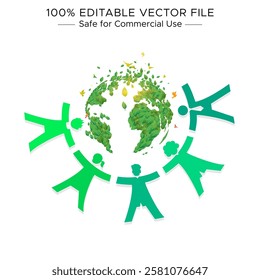 eco warriors, green world of leaf, sustainability concept, logo illustration. Group of people promoting and saving Earth Environment on world Environment day.