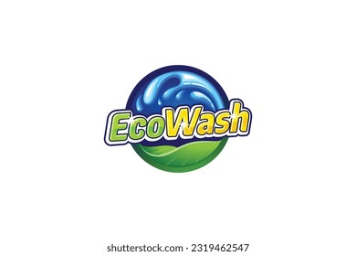 logotipo de lavado ecológico con una combinación de hojas, salpicaduras de agua, burbujas y tipografía con una mirada atractiva para el negocio de la lavandería, el lavado de coches, etc.