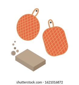 Eco washcloths and natural soap for washing dishes. Zero waste. Replacement of one time. vector illustration.