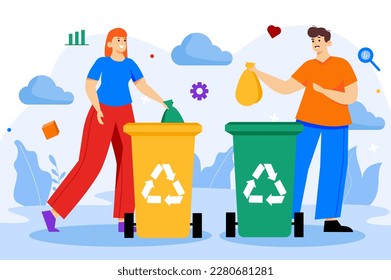Eco waste color concept with people scene in the flat cartoon style. Young couple sorts the waste to save the environmental. Vector illustration.