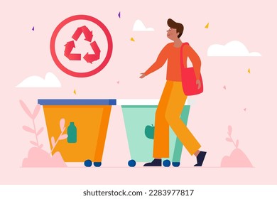 Eco waste pink concept with people scene in the flat cartoon style. Man sorts the garbage into special containers so that it can be recycled later. Vector illustration.