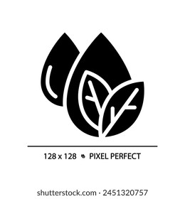 Eco water black glyph icon. Eco-friendly water use. Natural resource management. Water-saving practices. Silhouette symbol on white space. Solid pictogram. Vector isolated illustration. Pixel perfect