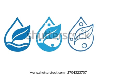 Eco Water Drop Icons with Leaf Clean Nature Purity Organic Fresh Blue Environmental Symbol Set