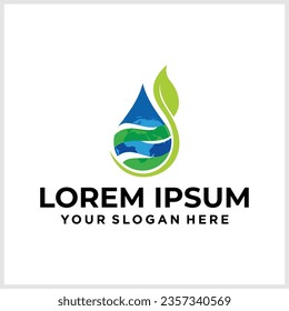 Plantilla de vector de diseño de la hoja de gota de agua ecológica. Ecología natural transparente mineral agua acuática Logotipo. Icono de concepto de energía verde.