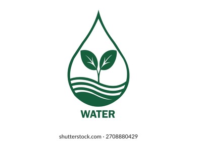 Eco Water Drop Logo mit Blattpflanze - Clean Sustainable Nature Symbol auf weißem Hintergrund.